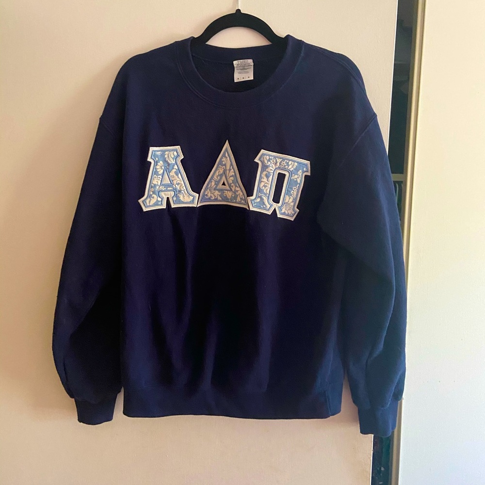 COPY - Alpha Delta Pi Sorority, one of a kind crew neck letter jacket in Blue!!…
